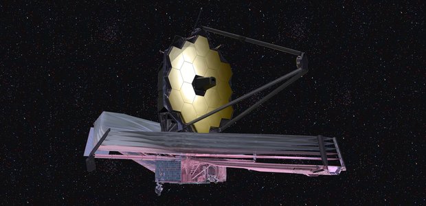 A rendering of the James Webb Space Telescope in space.