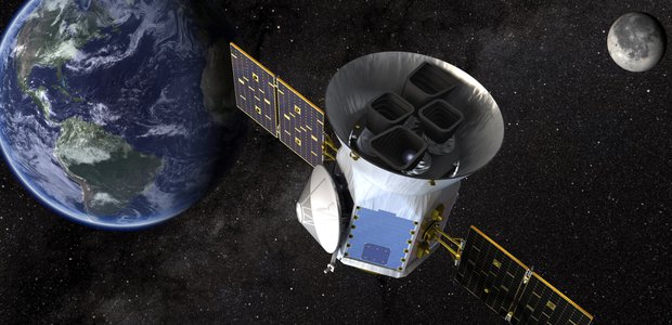 A rendering of TESS with Earth and the Moon in the background.