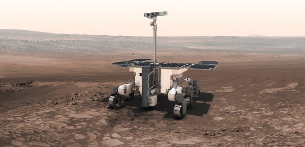 A rendering of the Rosalind Franklin ExoMars Rover on Mars.