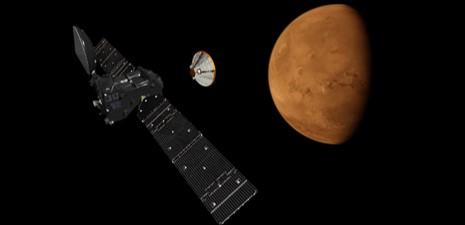 Illustration of ExoMars and its landing demonstrator module near Mars.